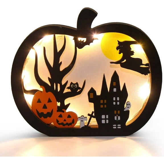 putnchl Halloween Wooden Table Sign,Light Up Pumpkin Table Centerpiece Topper for Halloween Table Top Party Decoration Supply（UPGRATED),A