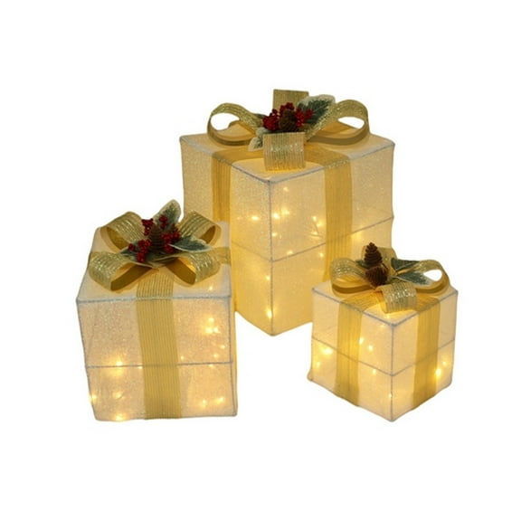 putnchl Set Of 3 Christmas Light-up Boxes, Pre-Lighted LED Light-up Boxes For Decoration, Battery-Powered Golden Linen Decorative Light-up Boxes For Indoor/Outdoor