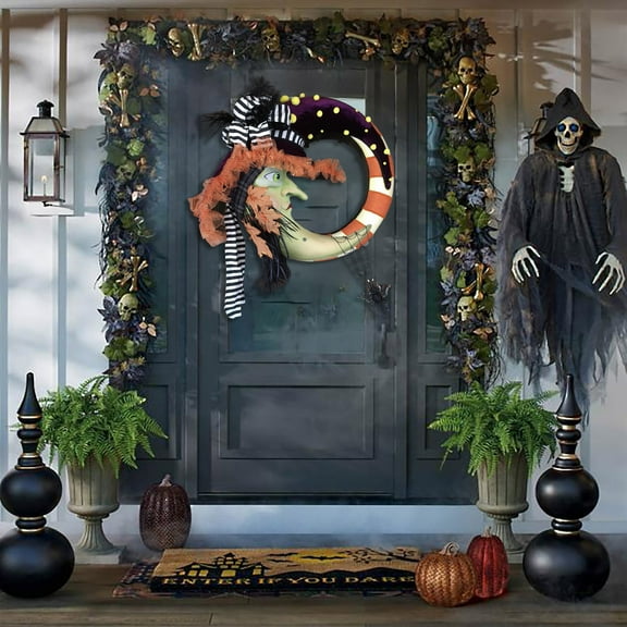 putnchl Witch Moon Wreath,Halloween Wreath,Halloween Christmas Party Pendant,Door Hanger