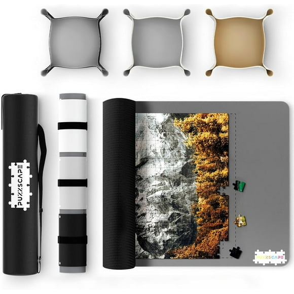 Puzzscape Jigsaw Puzzle Mat Roll up – 47" x 26" | 3 Trays, 3 Straps, Foam Tube, & Travel Storage Bag | Non-Slip Rubber Puzzle Mat - up to 1500 Pieces