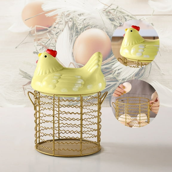 pvdgvd Colorful Design Eggs Basket - Ceramic Chicken-Shaped Lid, Round Wire Basket Bottom with Handle - for Egg Storage, Produce - 1 Piece