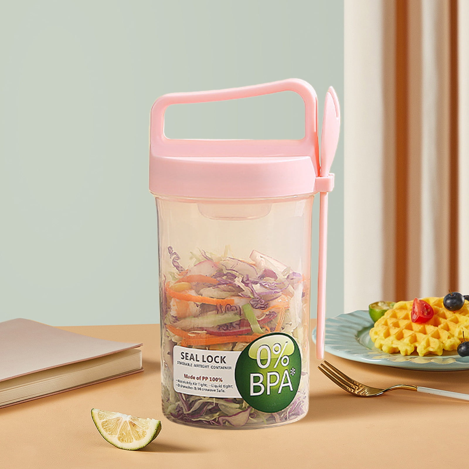 Double Plastic Salad Cup with Fork Sealed Breakfast Container for On-the-Go Meal - 560ml-Green