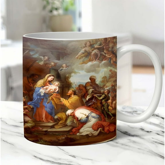 pvdgvd Printed Ceramic Mug, Commemorative Coffee Cup of Jesus Birth with C-Handle Rounded Corners, Dishwasher Microwave Safe & Free from Harmful Chemicals, Religious Design
