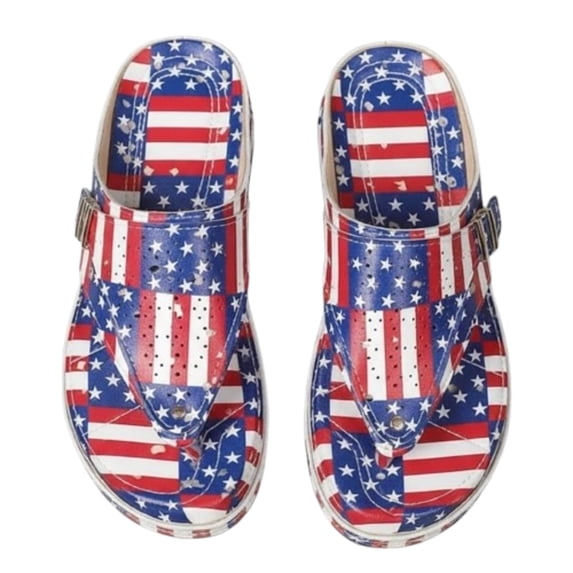 pwidon 4th of July Women's Wedge Heel Sandals Thong Flip Flops Cutout Orthopedic Arch Support Slip On American Flag Patriotic Beach Platform Sandals Blue 5.5