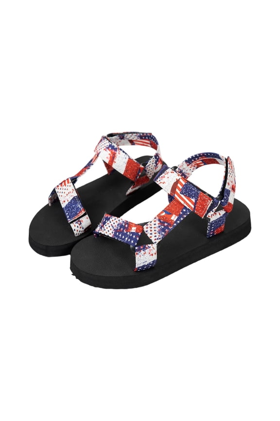 4th of July Women's Flat Sandals Adjustable Strap Open Toe Hook & Loop American Flag Patriotic Outdoor Beach Walking Sport Sandals Blue 6.5