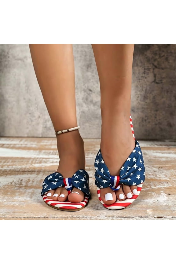 4th of July Women's Slide Sandals for Summer American Flag Bow Open Toe Slip On Patriotic Casual Flat Beach Walking Flip Flop Slides Blue 7