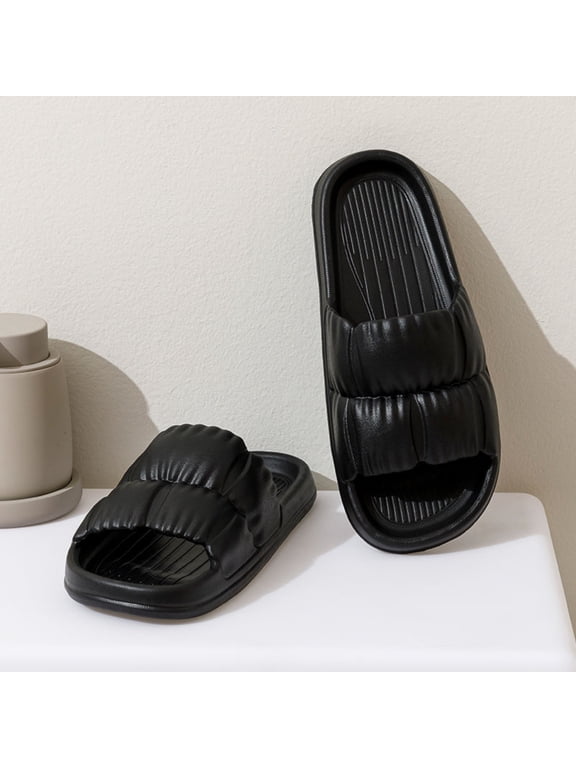Bathroom Slippers for Men Puffy Ruched Cloud Slides Comfort Thick Platform EVA Non Slip Open Toe Indoor Black 44