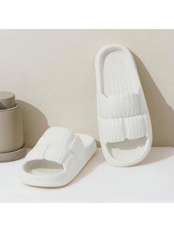 Bathroom Slippers for Men Puffy Ruched Cloud Slides Comfort Thick Platform EVA Non Slip Open Toe Indoor White 40
