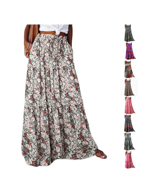 Boho Skirt Women High Waist Ethnic Print Tiered Ruffle A Line Flowy Maxi Long Skirt with Side Pockets XL