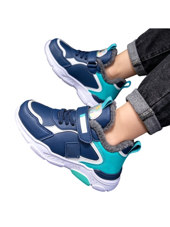 Boys Fleece Lined Hook and Loop Chunky Sole Sneakers, Water Resistant Synthetic Leather Warm Winter Athletic Shoes Non Slip Kids Casual School Trainers Dark Blue 30