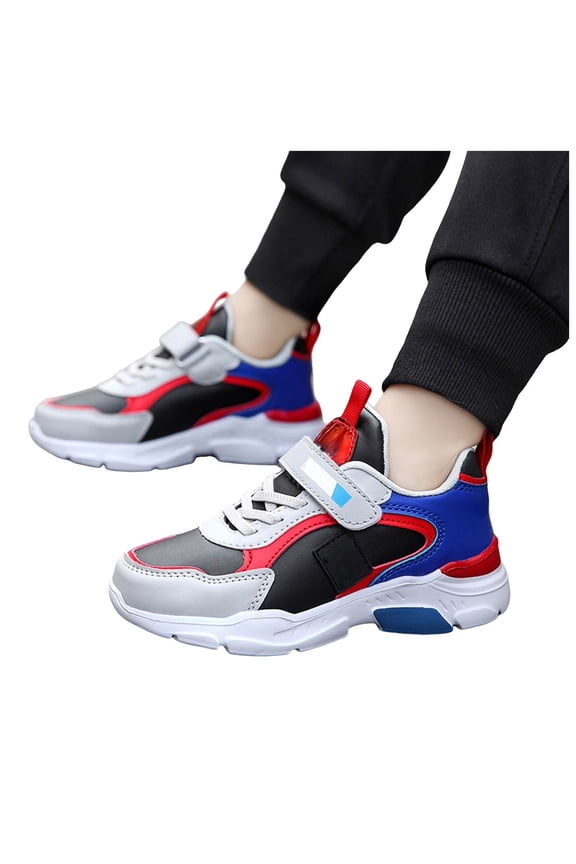 Boys Hook and Loop Sneakers Water Resistant Synthetic Leather Chunky Sole Athletic Shoes Non Slip Lightweight Kids School Casual Trainers Red 38