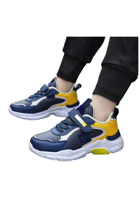 Boys Hook and Loop Sneakers Water Resistant Synthetic Leather Chunky Sole Athletic Shoes Non Slip Lightweight Kids School Casual Trainers Yellow 34