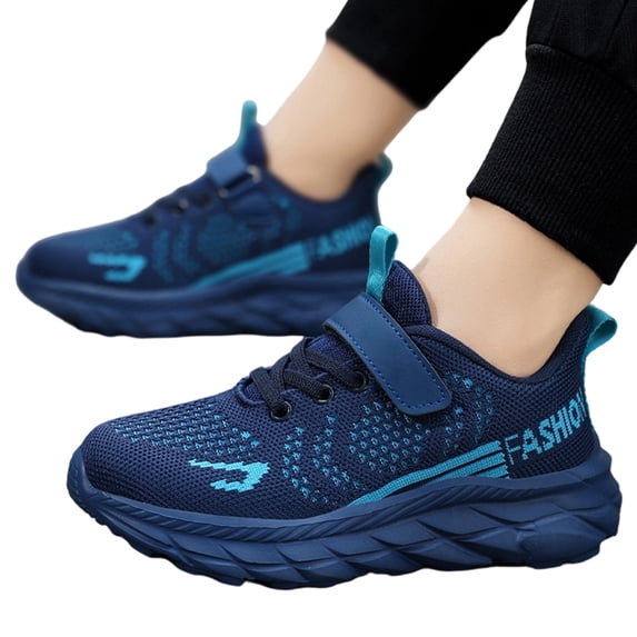 pwidon Boys Hook and Loop Sneakers Shock Absorbing Non Slip Breathable Knit Mesh Athletic Running Shoes Lightweight Kids School Trainers Dark Blue 38