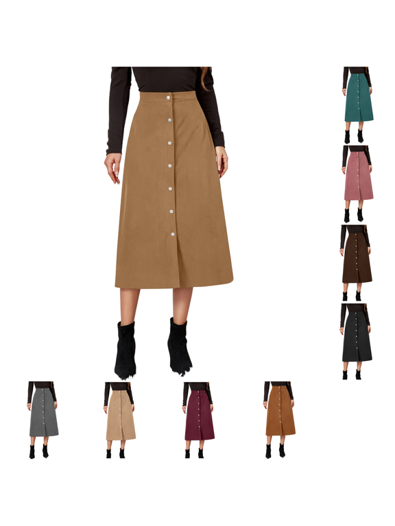 Corduroy Skirt Women High Waist Button Down A Line Midi Long Skirt with Side Pockets Fall Winter Preppy Office L
