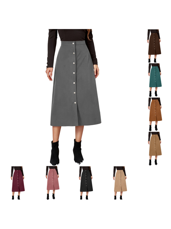 Corduroy Skirt Women High Waist Button Down A Line Midi Long Skirt with Side Pockets Fall Winter Preppy Office S