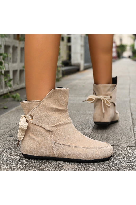 Flat Ankle Boots for Women Metal Eyelet Adjustable Rear Drawstring Slip On Short Casual Boots Ruched Suede Back Bow Tie Non Slip Minimalist Daily Walking Ankle Boots for Ladies Beige 37