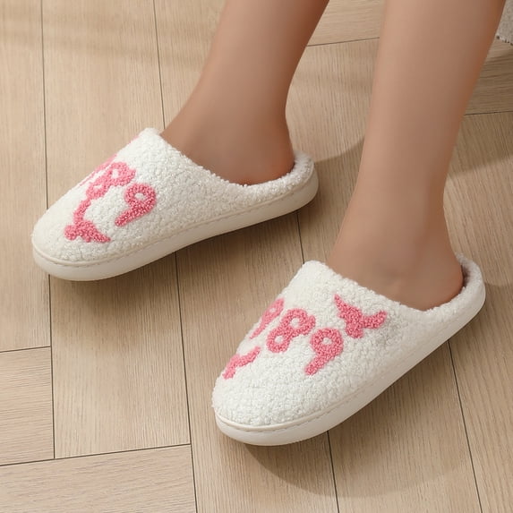 pwidon Fuzzy Mule Slippers for Women Soft Plush Closed Toe Non Slip Slip On Indoor Bedroom House Slippers 1989 Bird Embroidered Cozy Loungewear Footwear for Women Teen Girls Pink 42