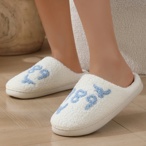 pwidon Fuzzy Mule Slippers for Women Soft Plush Closed Toe Non Slip Slip On Indoor Bedroom House Slippers 1989 Bird Embroidered Cozy Loungewear Footwear for Women Teen Girls Blue 36