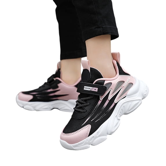 pwidon Girls Hook and Loop Chunky Sole Sneakers Breathable Mesh Athletic Running Shoes Non Slip Lightweight Kids School Casual Trainers Pink 28