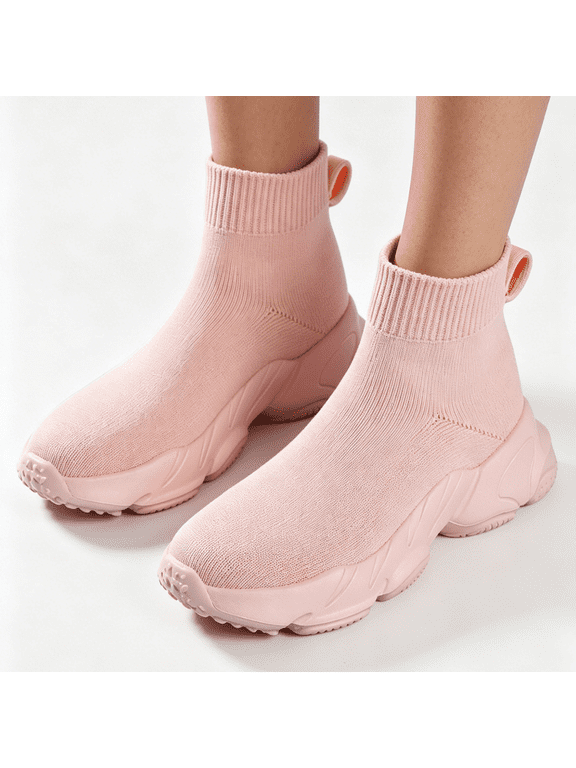 Girls Slip On Sock Sneakers Breathable Stretch Knit High Top Non Slip Platform Walking Athletic Shoes Pink 33