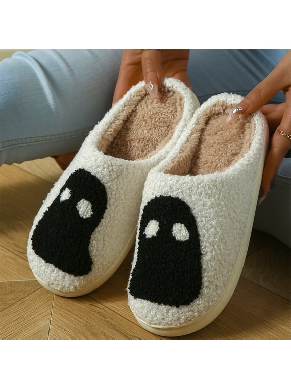 Halloween Ghost Slide House Slippers for Women, Closed Toe Fleece Lined Warm Indoor Loungewear Slippers, Holiday Open Back Cozy Comfort Bedroom Footwear for All Day Home Relax White 42