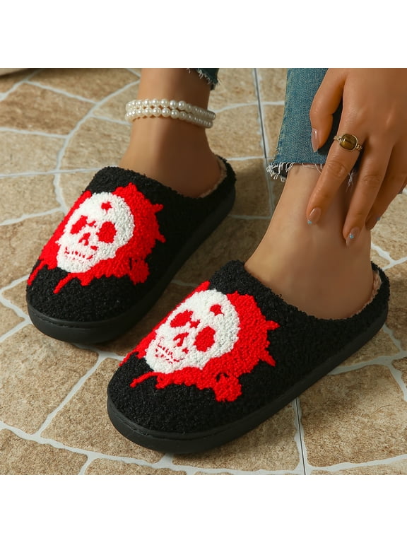 Halloween Women Closed Toe Slide Slipper, Fleece Lined Warm Indoor House Slippers, Gothic Holiday Open Back Cozy Comfort Loungewear Footwear for Bedroom Daily Lounge Black 42