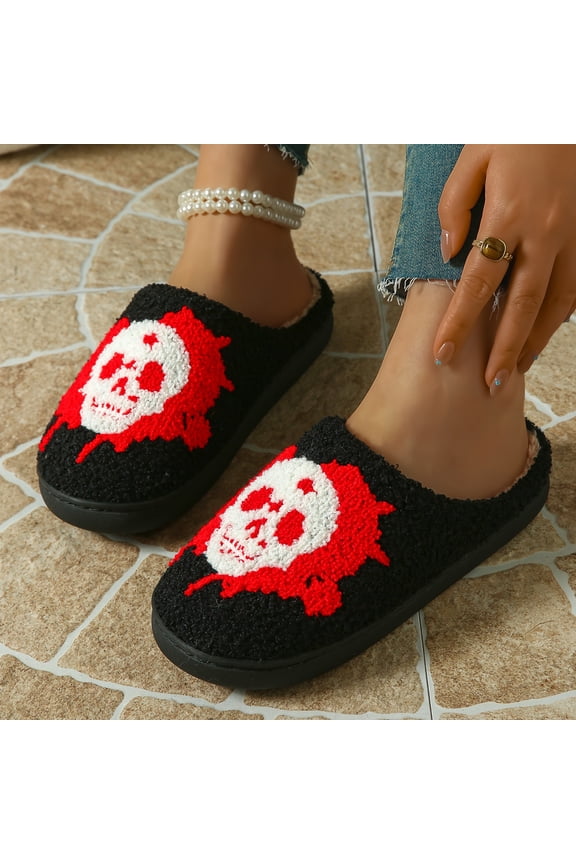 Halloween Women Closed Toe Slide Slipper, Fleece Lined Warm Indoor House Slippers, Gothic Holiday Open Back Cozy Comfort Loungewear Footwear for Bedroom Daily Lounge Black 36