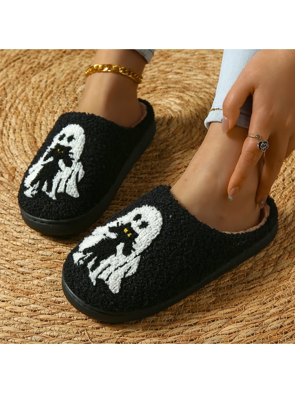Halloween Women Closed Toe Slide Slippers, Plush Fleece Lined Soft Warm Indoor House Slippers, Ghost Cat Holiday Cozy Open Back Comfort Home Footwear for Daily Bedroom Lounge Black 42