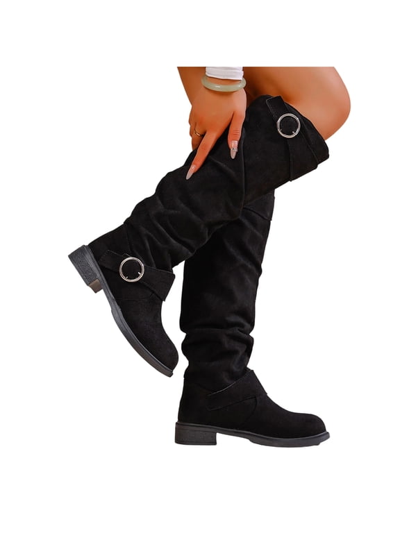 Knee High Boots for Women Slouch Ruched Dual O Ring Buckle Detail Pull On Design Low Chunky Heel Wide Calf Friendly Vintage Cold Weather Casual Footwear Black 40