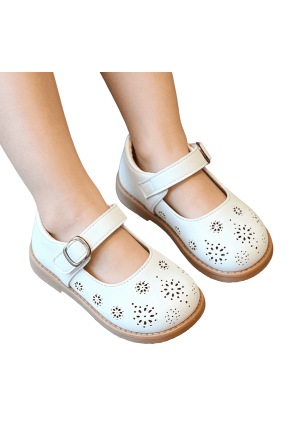 Little Girls Mary Jane Shoes Adjustable Buckle Breathable Cutout Casual Dress Shoes Flexible Non Slip Toddler Walking Flats White 25
