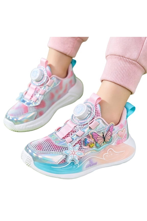 Little Girls Rotary Buckle Sneakers Breathable Mesh Butterfly Decor Non Slip Lightweight Running Athletic Shoes Pink 30