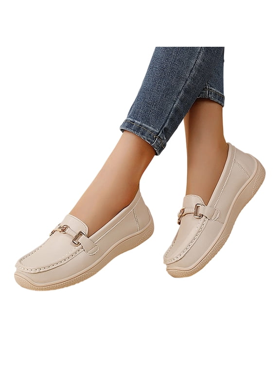Loafers for Women Slip On Faux Leather Driving Vintage Chain Buckle Ornament Curved Wedge Midsole Room Toe Box Durable Anti-Slip Rubber Outsole All Day Casual Footwear Beige 39