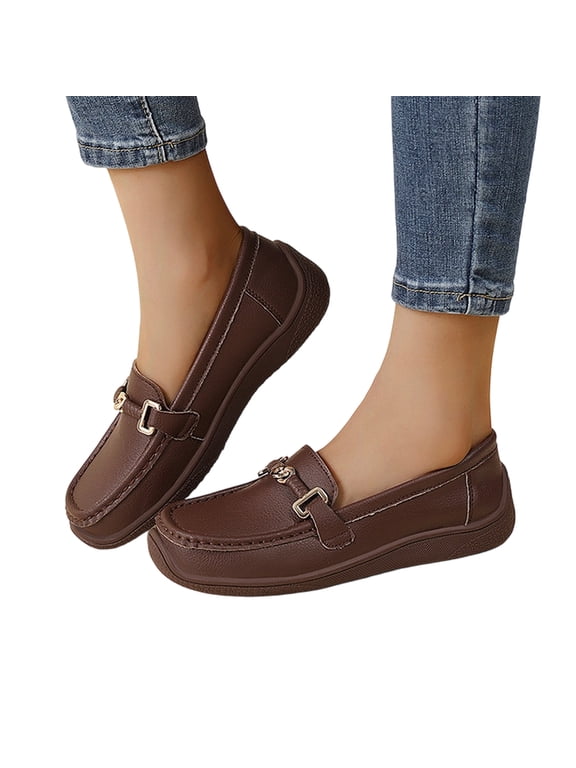 Loafers for Women Slip On Faux Leather Driving Vintage Chain Buckle Ornament Curved Wedge Midsole Room Toe Box Durable Anti-Slip Rubber Outsole All Day Casual Footwear Coffee 44
