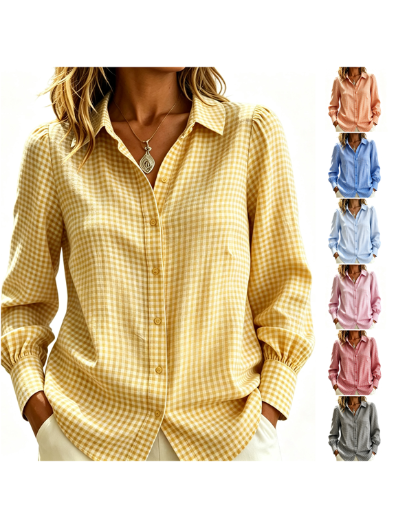 Long Sleeve Collared Small Gingham Shirts for Women Button Up Puff Bishop Sleeve Curved Hem Retro Tops Casual Everyday Wear Blouses for Fall Spring XXL