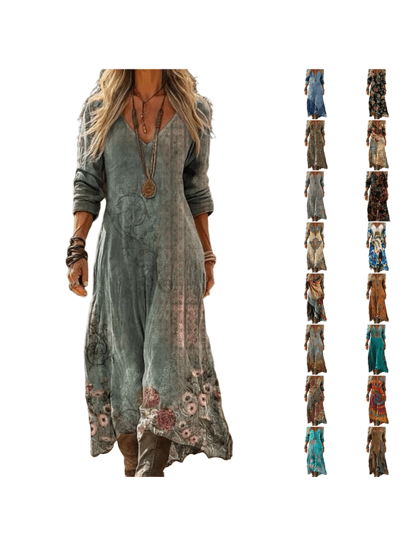Maxi Dress Women Boho Floral V Neck 3/4 Sleeve IrRegular Fit Hem Vintage Casual Long Dress Regular Fit L