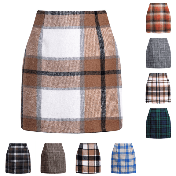 pwidon Plaid Skirt Women High Waist Wool Blend A Line Mini Skirt with Pockets Fall Winter Preppy Casual Work L