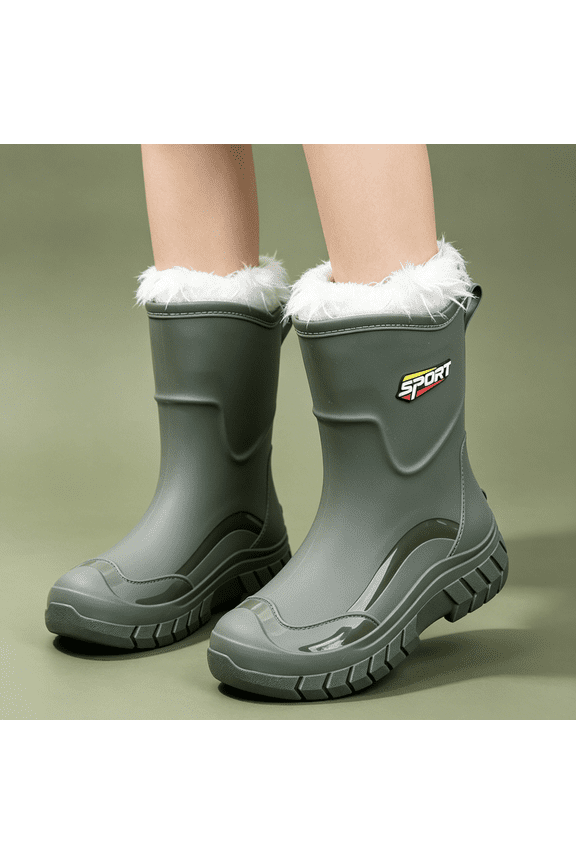 Rain Boots for Men Women Waterproof Mid Calf Rubber Boots with Non-Slip Thick Sole Fur Lined Insulated Warm Winter Outdoor Work Booties Green 41