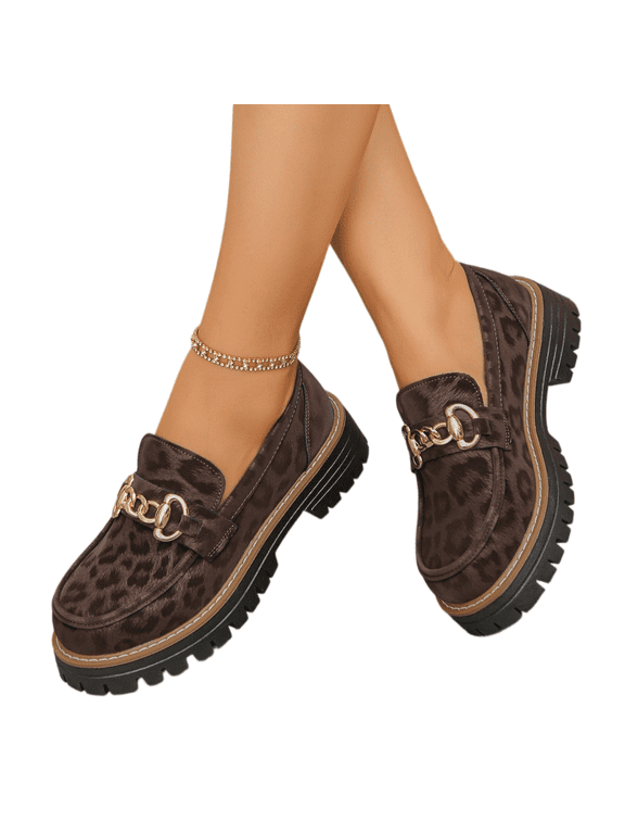 Slip On Loafers for Women Thick Platform Leopard Print Upper Stylish and Comfortable Anti‑Slip Shoes with Round Toe 37