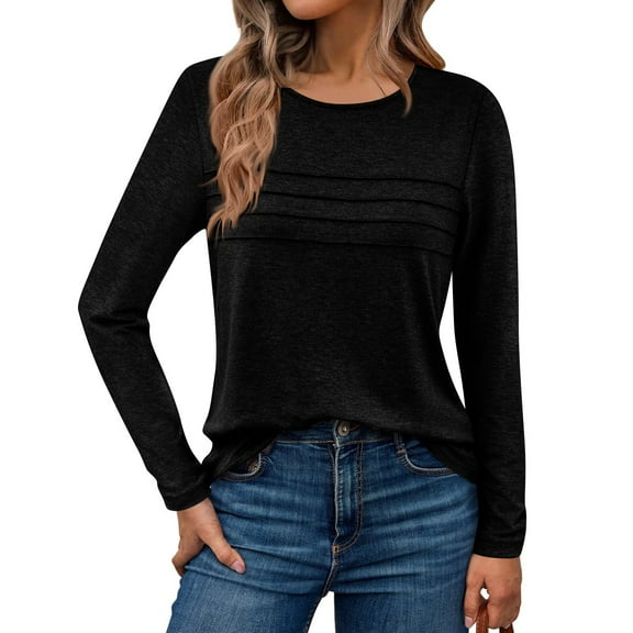 pwidon Tshirts for Women Pleated Fall Longsleeve Crew Neck Tops Basic Color Dressy Tunic Cute Shirts Black M