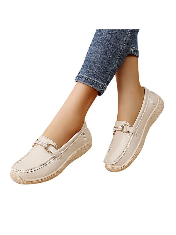 Wedge Loafers for Women Premium Faux Leather Horsebit Buckle Ornament Shock Absorbing Midsole Durable Anti-Slip Sole All-Round Daily Casual Footwear Beige 40