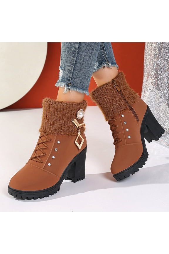 Women Ankle Boots, Block Heel Lace Up Round Toe Side Zip Lug Sole Warm Short Booties, Cold Weather Indoor Outdoor Decorative Heeled Winter Ankle Boots for Daily Party Commute Ginger 43