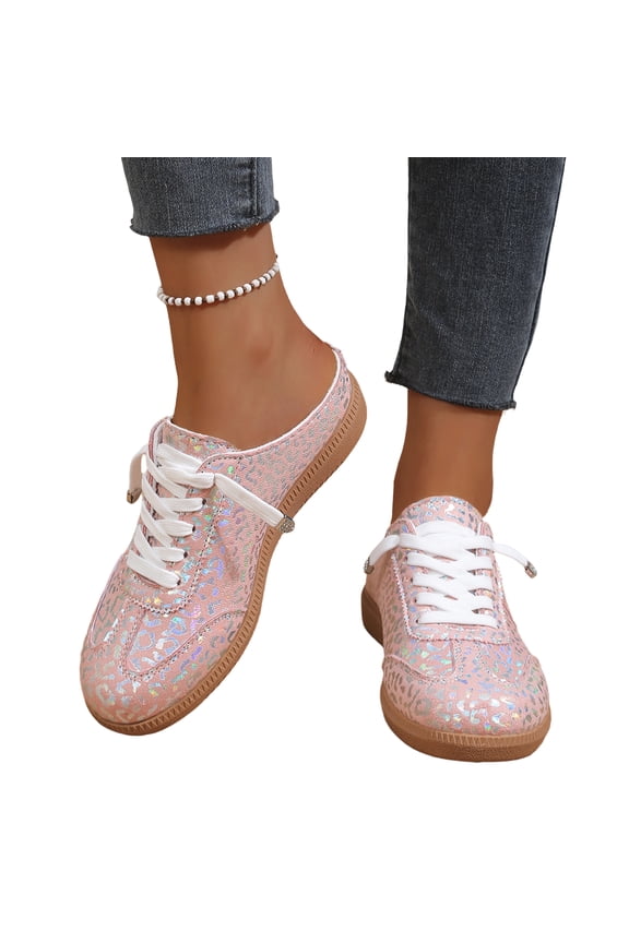 Women Backless Mule Sneakers Fixed Lace Slip On Iridescent Leopard Print Slide Mule Trainers Non Slip Gum Sole Casual Walking Mule Flats Pink 39