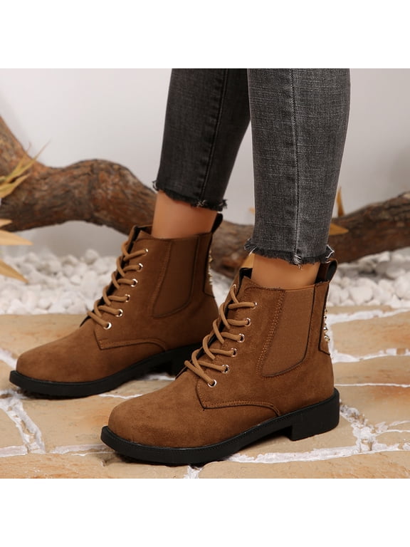 Women Chelsea Combat Boots Ankle Lace Up Low Block Heel Suede Fashion Short Booties Spiked Stud Decor Non Slip Punk Streetwear Casual Outdoor Ankle Boots for Ladies Teen Girls Light Brown 43