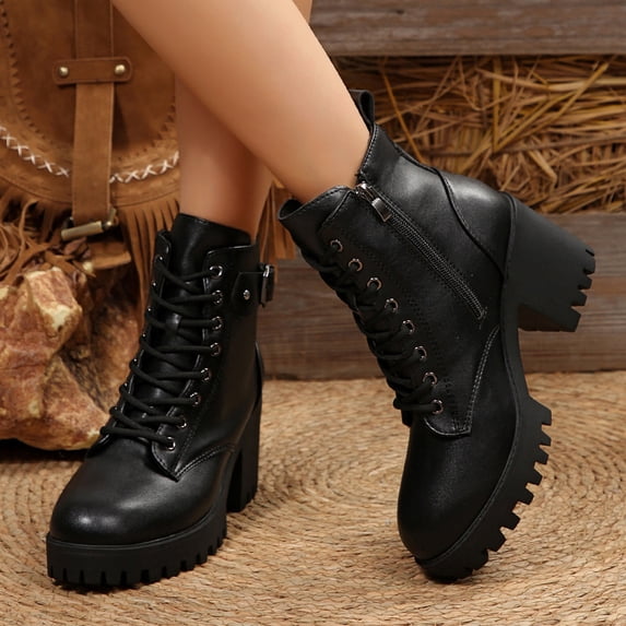 pwidon Women Combat Ankle Boots, Lace Up Chunky Block Heel Round Toe Non Slip Lug Sole Fashion Short Booties, Casual Outdoor Walking Mid Height Heeled Hiker Boots for Daily Street Commute Black 36