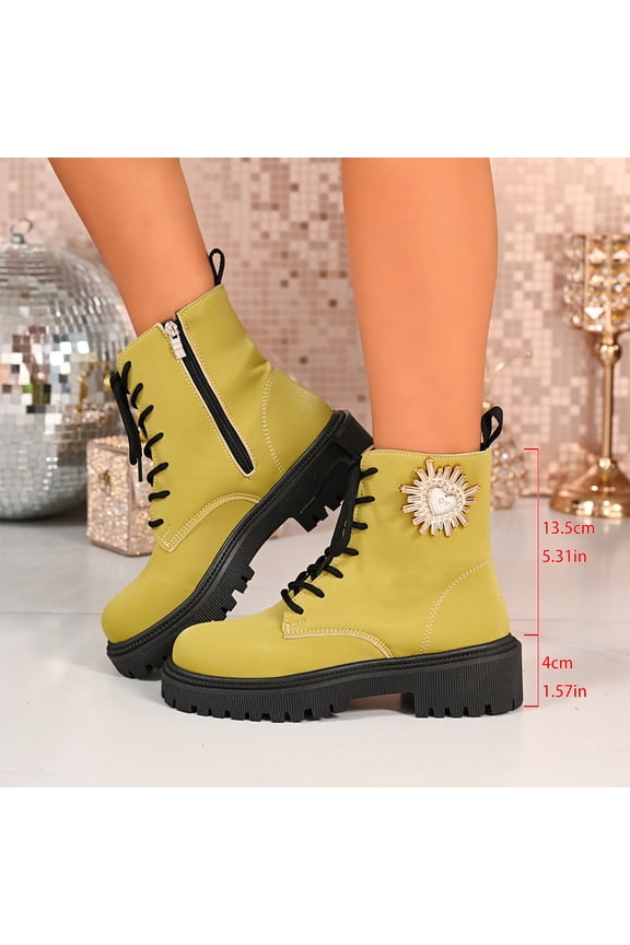 Women Combat Ankle Boots Platform Inner Side Zipper Leather Fashion Short Booties Rhinestone Heart Sunburst Decor Lace Up Trendy Streetwear Outdoor Ankle Boots for Ladies Teen Girls Green 38