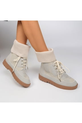 Women Faux Suede Ankle Boots, Lace Up Round Toe Flat Non Slip Casual Short Combat Booties, Ribbed Knit Cuff Soft Collar Fall Winter Outdoor Walking Boots for Daily Street Outfits Beige 38