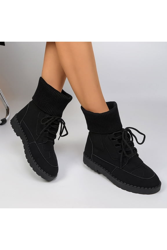 Women Faux Suede Ankle Boots, Lace Up Round Toe Flat Non Slip Casual Short Combat Booties, Ribbed Knit Cuff Soft Collar Fall Winter Outdoor Walking Boots for Daily Street Outfits Black 36