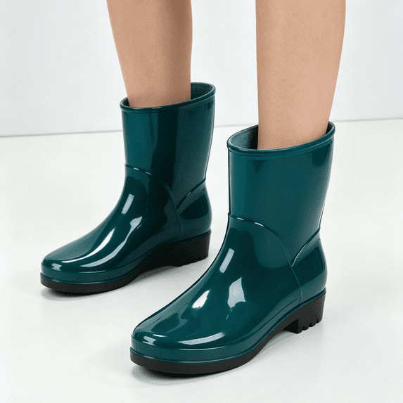 pwidon Women Rubber Rain Boots Waterproof Mid Calf Slip Resistant Low Heel All Weather Women Ankle Rain Footwear for Outdoor & Daily Use Green 37