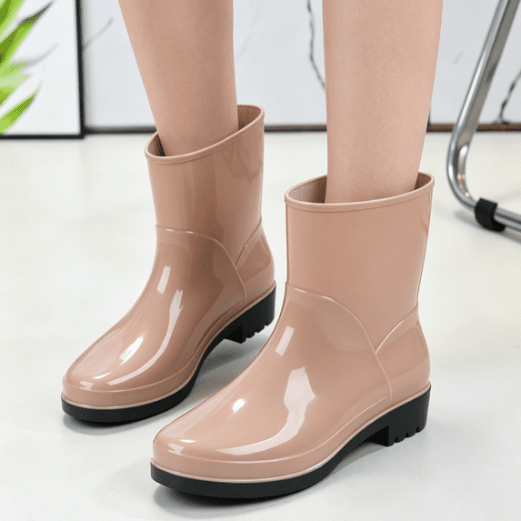 pwidon Women Rubber Rain Boots Waterproof Mid Calf Slip Resistant Low Heel All Weather Women Ankle Rain Footwear for Outdoor & Daily Use Khaki 41