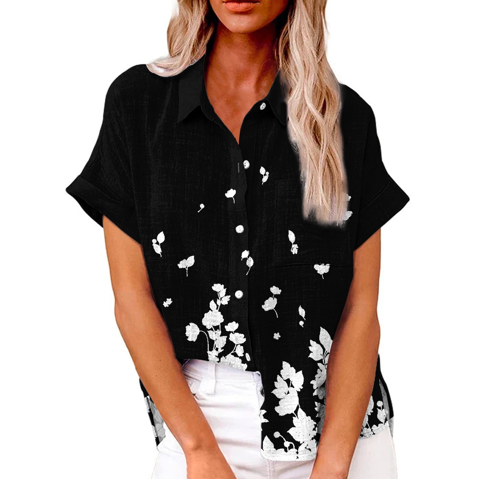 pwidon Women Shirts Short Sleeve Button Down Shirts Collared Cotton